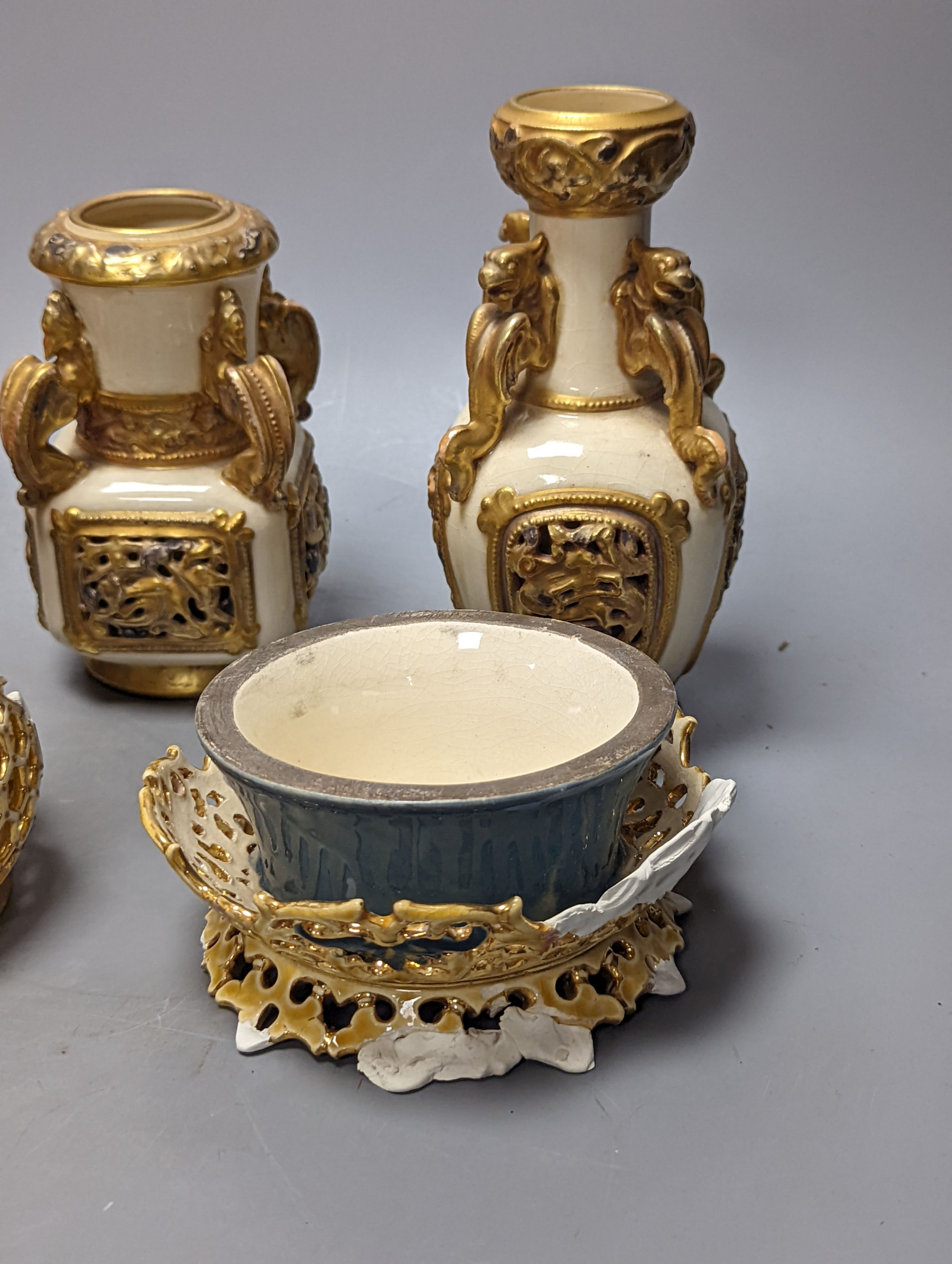 A group of Zsolnay pottery vases, dishes etc., 8 in total (a.f.)